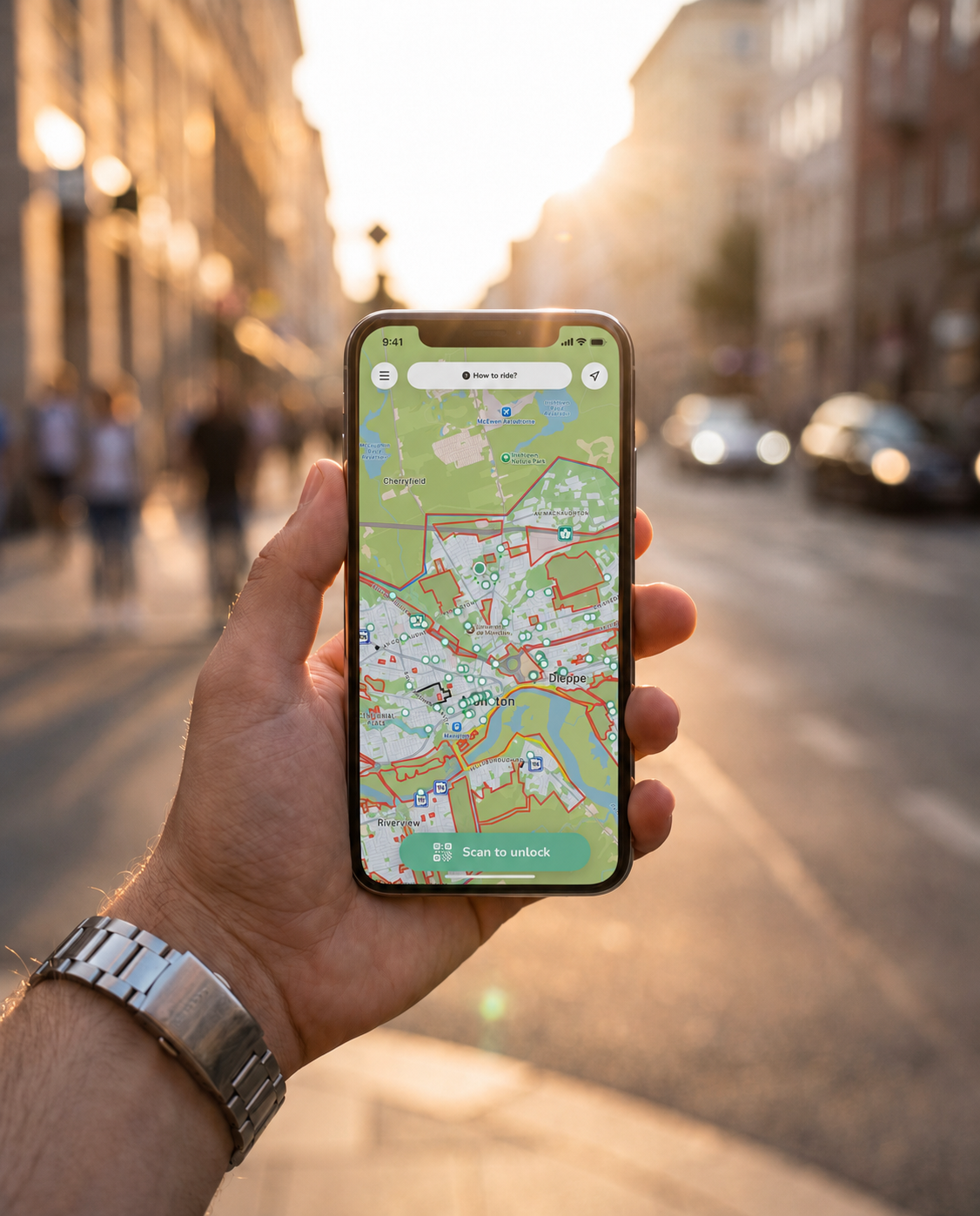 App iRoll affichant la carte et le bouton de déverrouillage